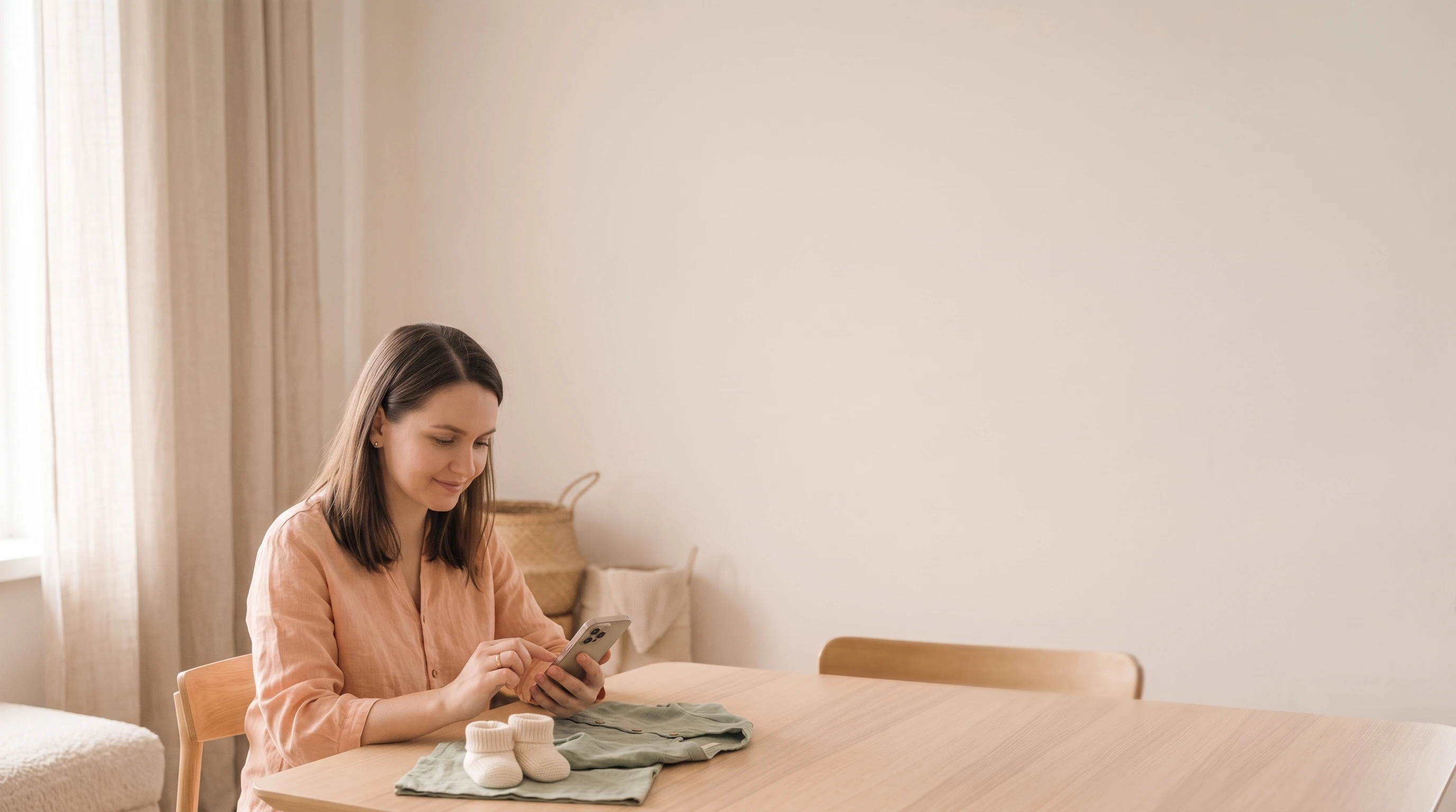 Michal Levi using her phone at her kitchen table
