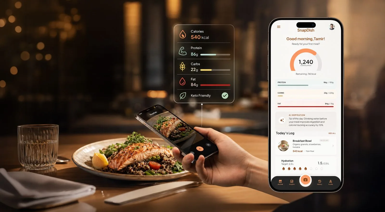 SnapDish scanning a meal and showing a live nutrition dashboard