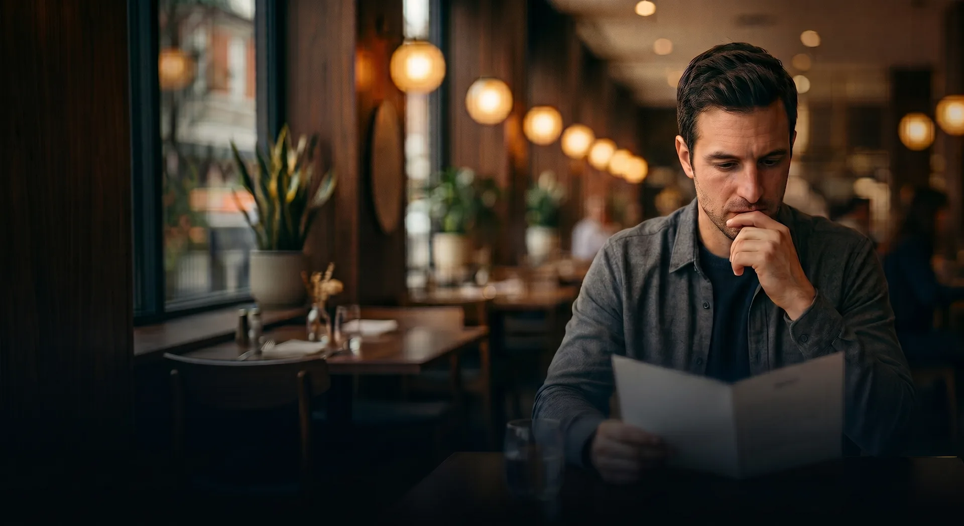 Tamir, reading a restaurant menu, unsure what to order